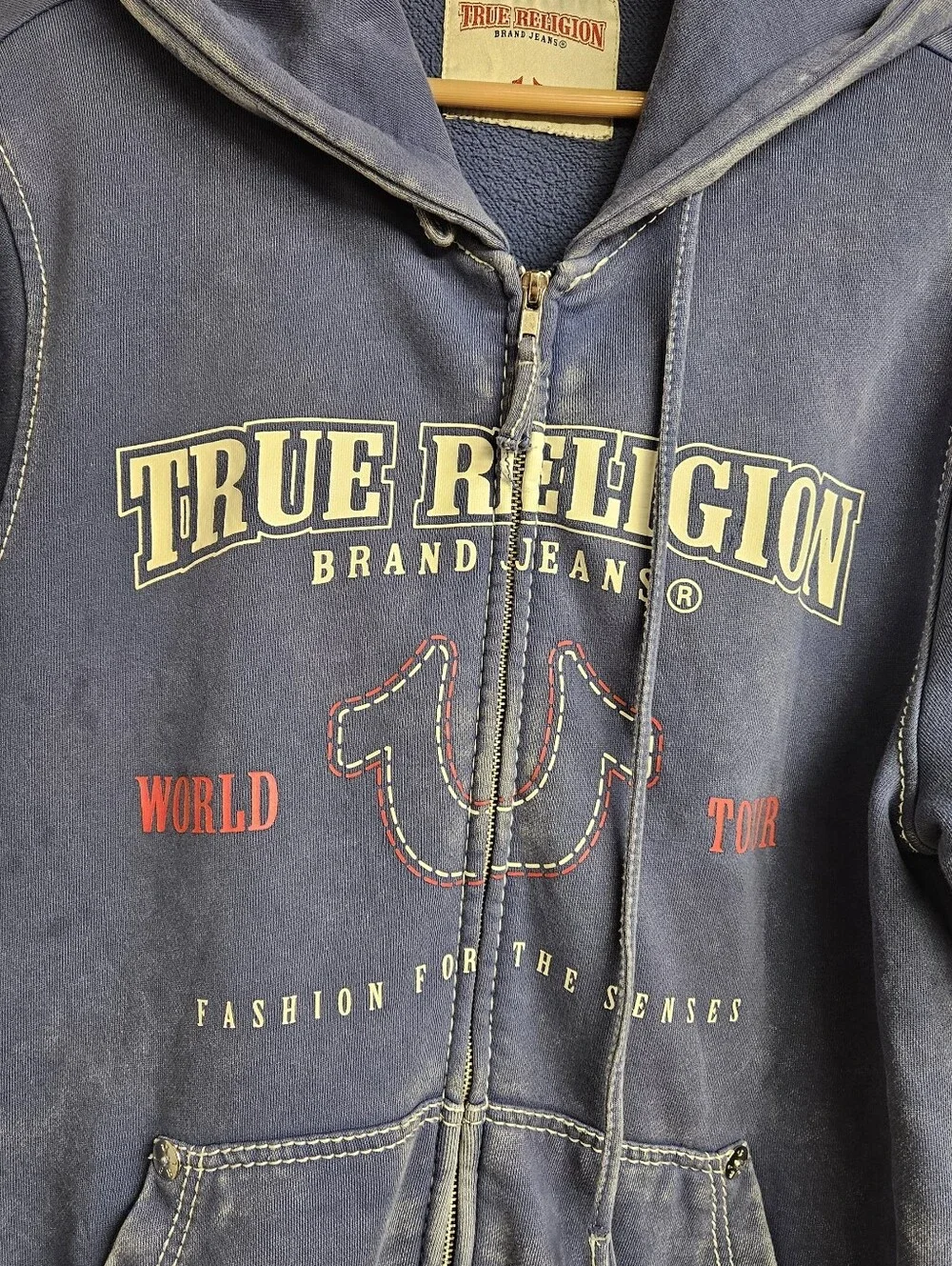 True Religion Jacket Mens Medium Blue Full Zip Big T Hoodie Acid Wash Sweatshirt